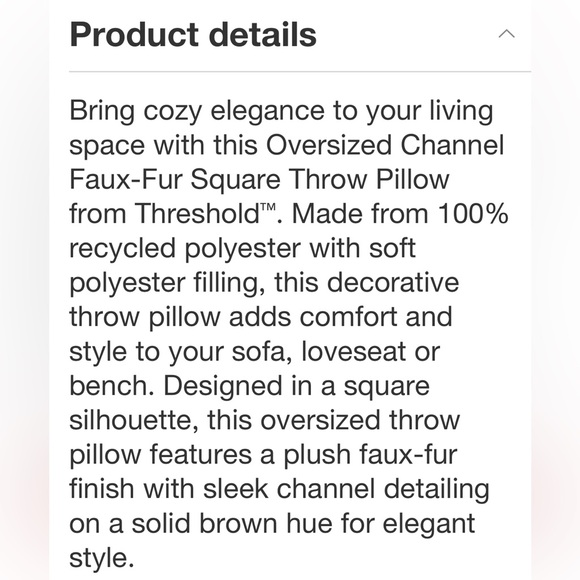 THRESHOLD NWT oversized channel faux fur square throw pillow -dark caramel -24” - Picture 6 of 7